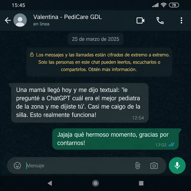 WhatsApp de Valentina de PediCare GDL: una mamá le dijo que ChatGPT le recomendó su clínica cuando preguntó por el mejor pediatra de la zona.