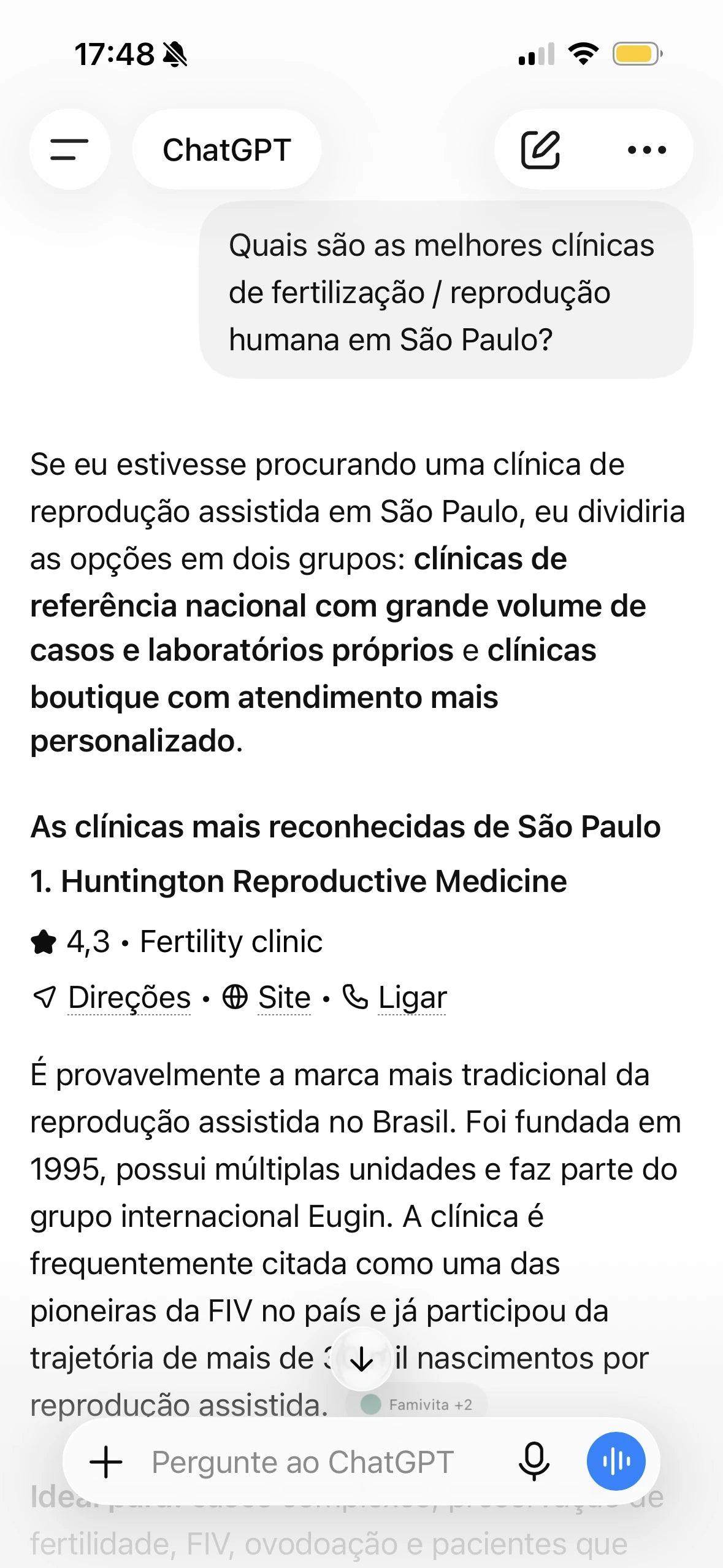 ChatGPT recomenda clínicas de fertilidade em São Paulo