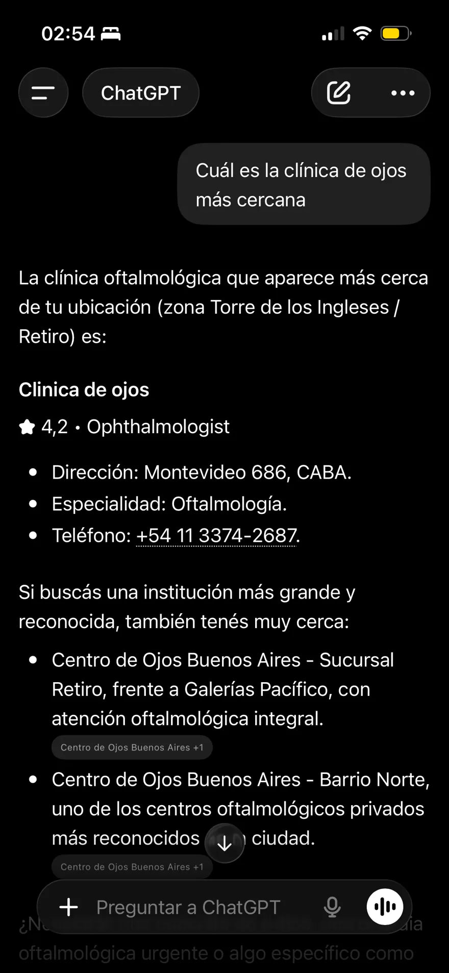 ChatGPT recomienda clínicas de oftalmología en CABA por nombre