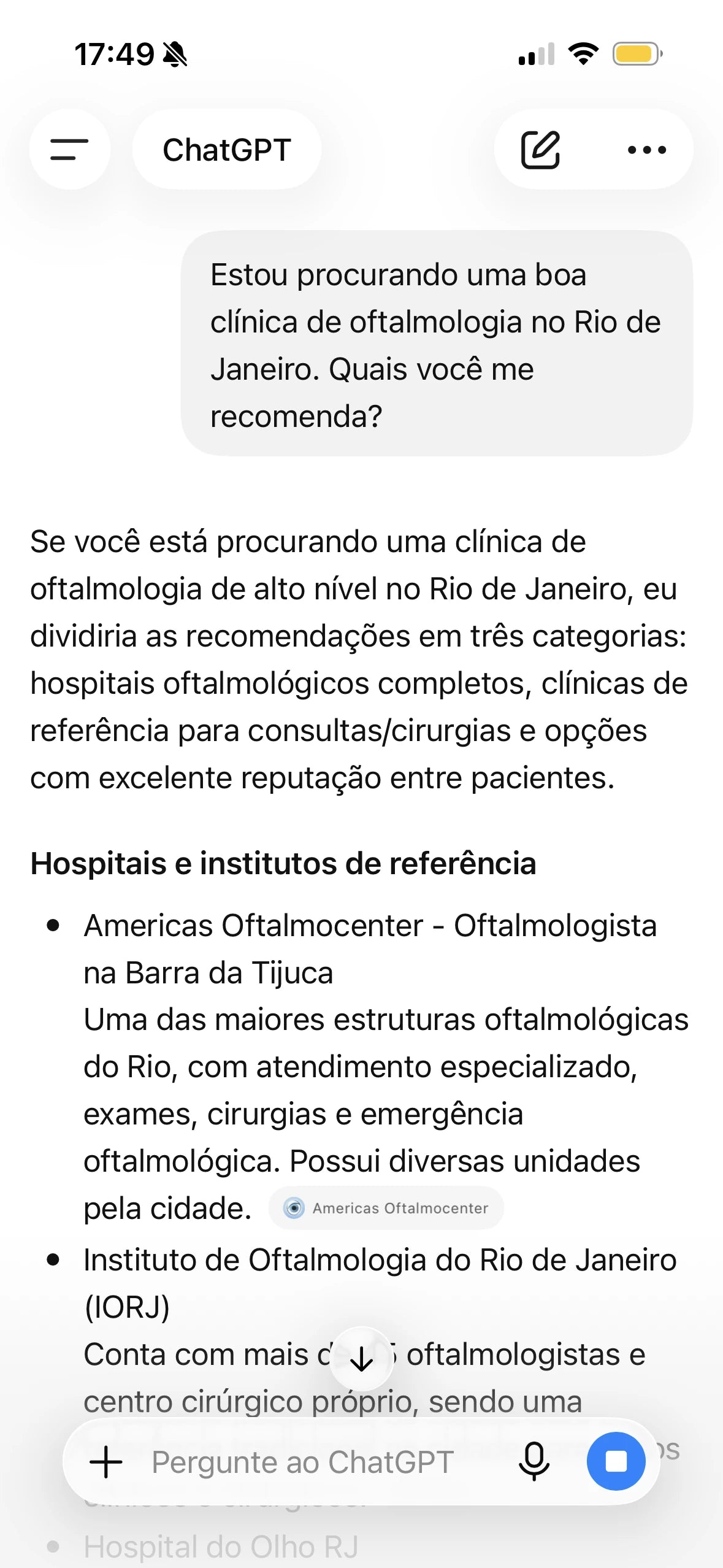 ChatGPT recomenda clínicas de olhos no Rio de Janeiro