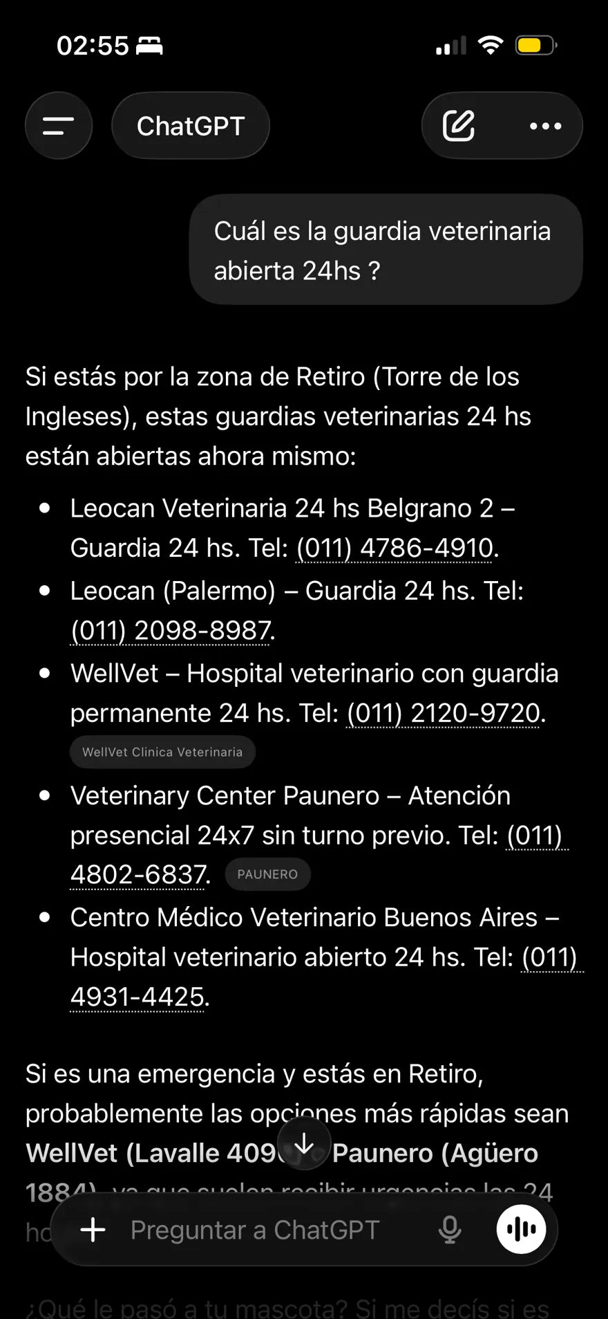 ChatGPT recomienda guardias veterinarias 24hs por nombre