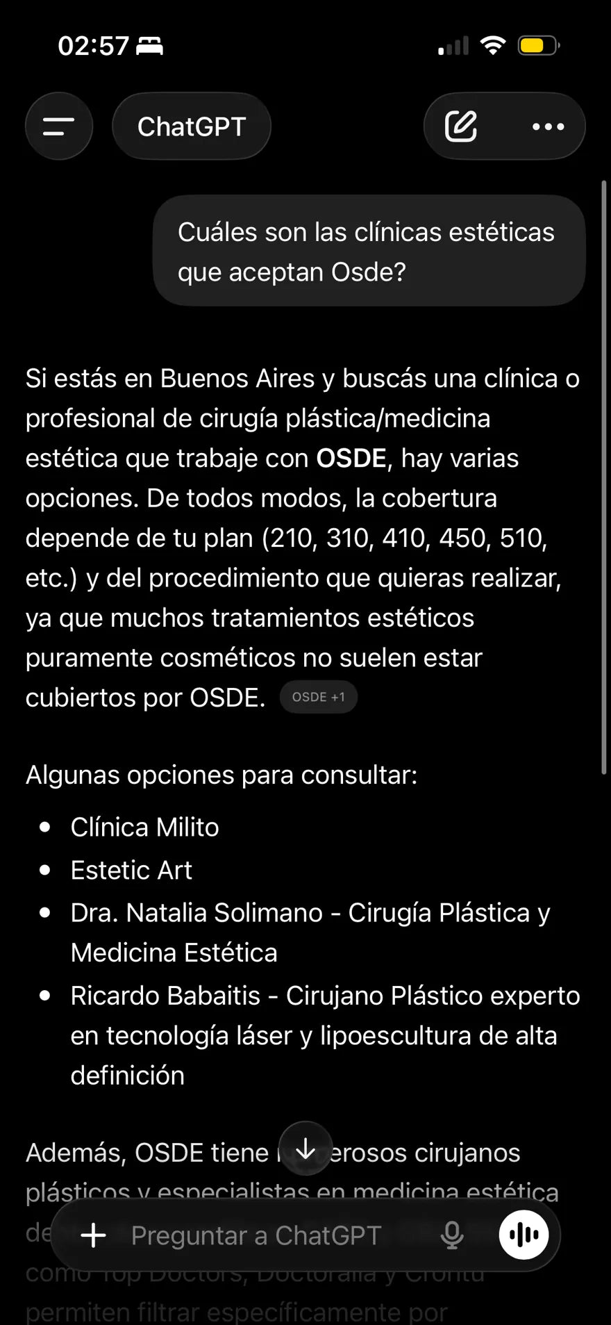 ChatGPT recomienda clínicas estéticas que aceptan OSDE