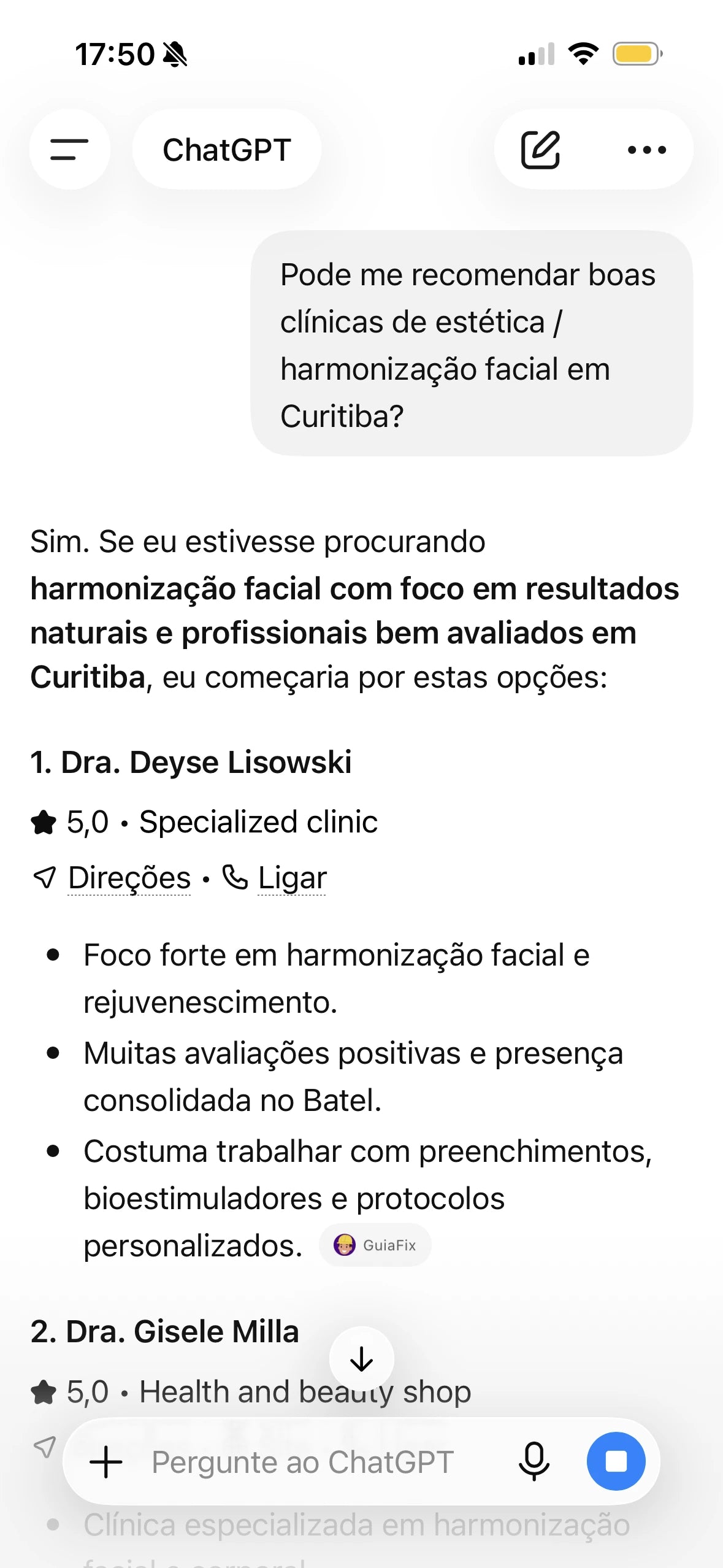 ChatGPT recomenda clínicas de botox