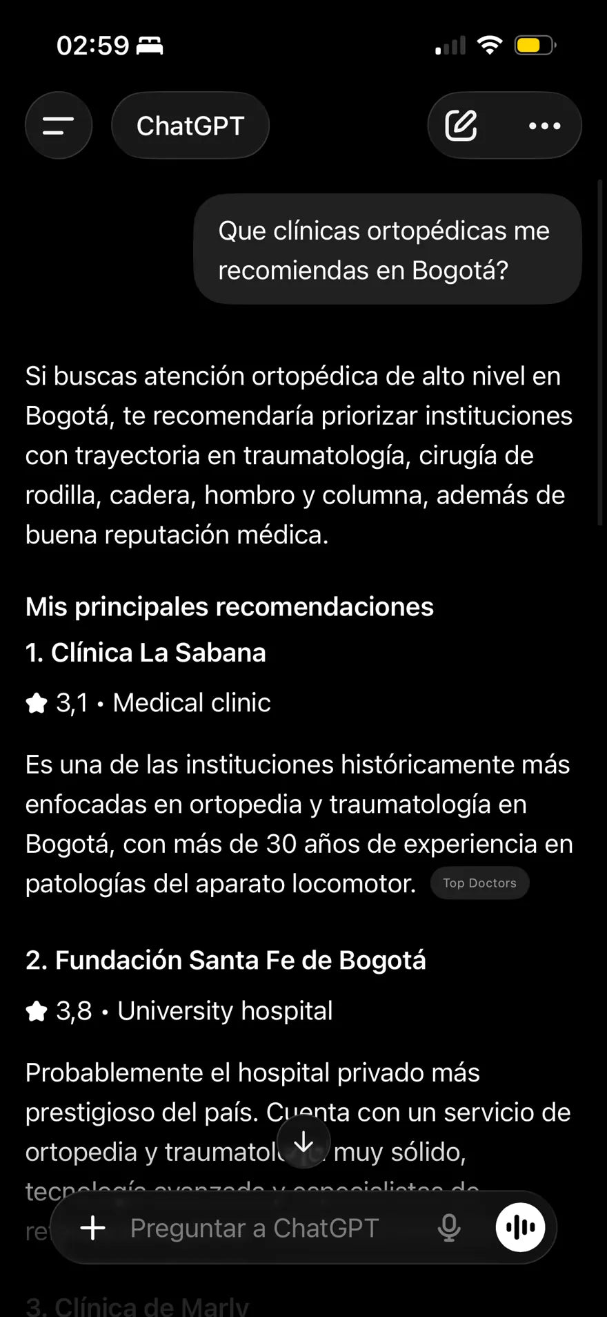 ChatGPT recomienda clínicas ortopédicas en Bogotá por nombre