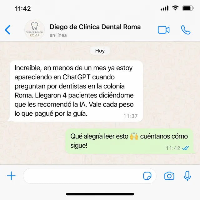 WhatsApp de Diego de Clínica Dental Roma: en menos de un mes aparece en ChatGPT cuando preguntan por dentistas en la colonia Roma; llegaron 4 pacientes referidos por la IA.