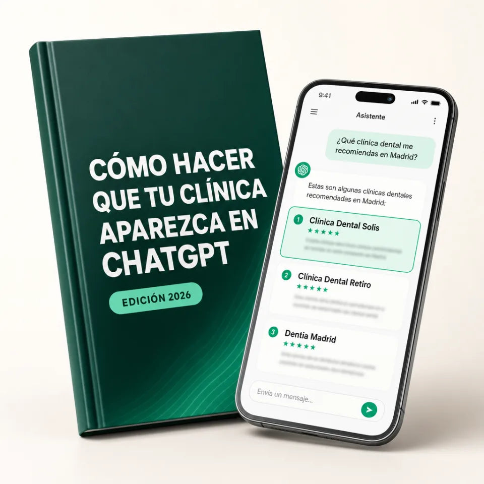 Ebook 'Cómo hacer que tu clínica aparezca en ChatGPT' junto a un móvil mostrando recomendaciones de clínicas dentales en ChatGPT