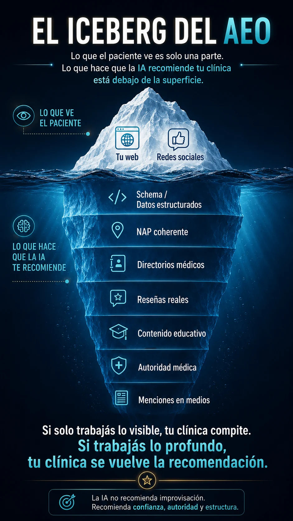 El iceberg del AEO: lo que el paciente ve (tu web, tus redes sociales) es solo la punta. Lo que hace que la IA recomiende tu clínica está bajo la superficie: schema y datos estructurados, NAP coherente, directorios médicos, reseñas reales, contenido educativo, autoridad médica y menciones en medios.