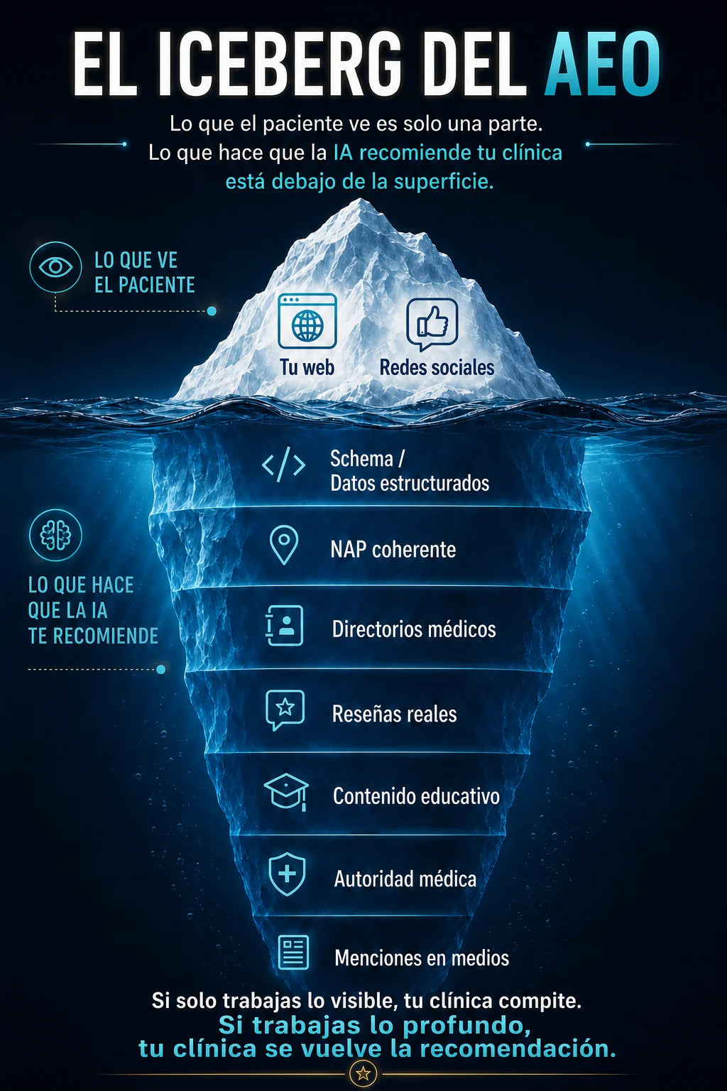 El iceberg del AEO: lo que el paciente ve (tu web, tus redes sociales) es solo la punta. Lo que hace que la IA recomiende tu clínica está bajo la superficie: schema y datos estructurados, NAP coherente, directorios médicos, reseñas reales, contenido educativo, autoridad médica y menciones en medios.