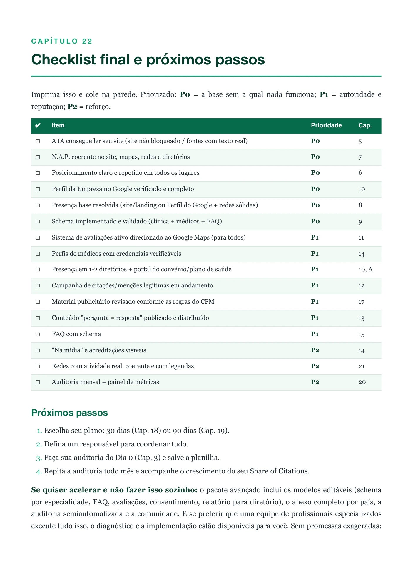 Checklist final com prioridades P0, P1 e P2