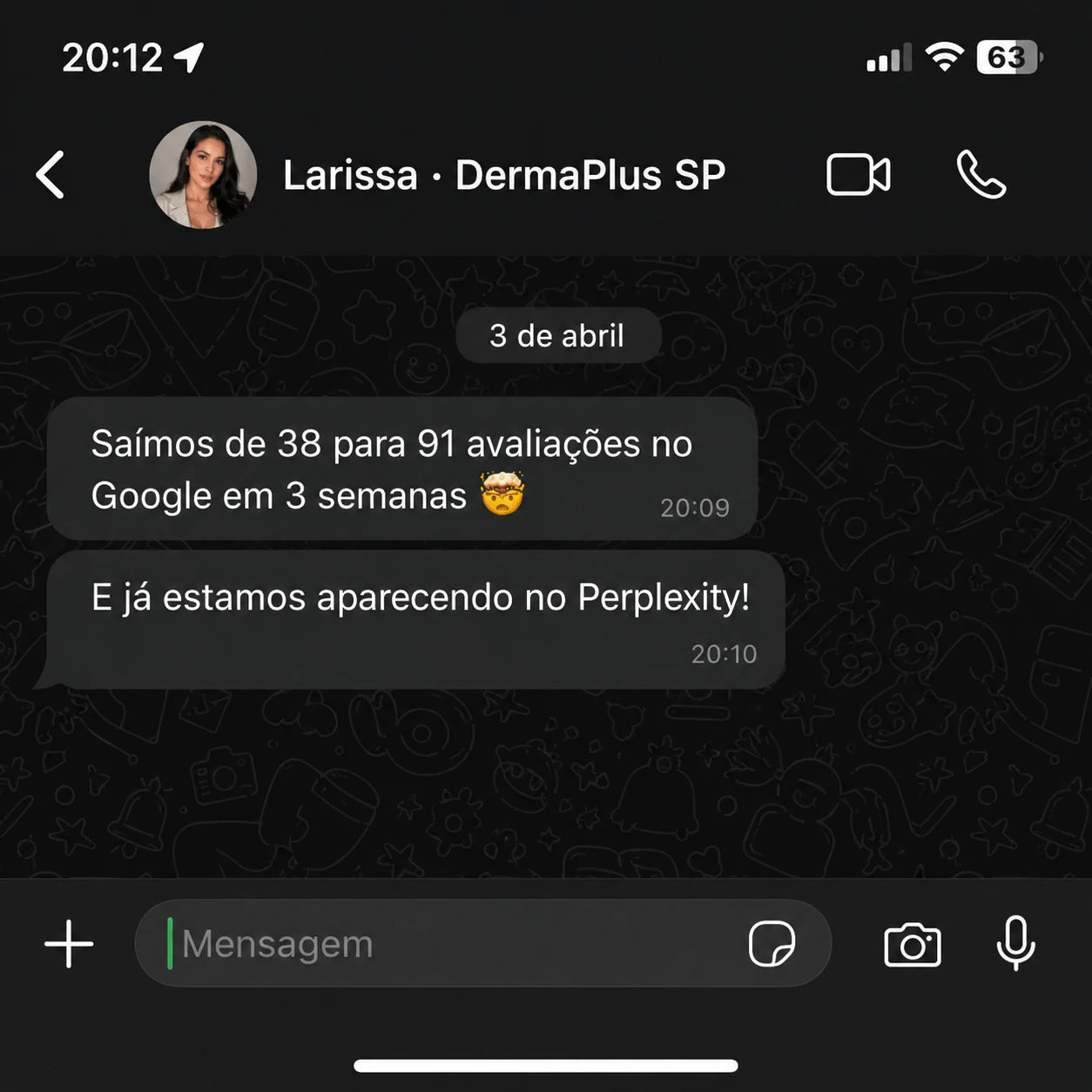 WhatsApp da Larissa da DermaPlus São Paulo: passaram de 38 para 91 avaliações no Google em 3 semanas e começaram a aparecer no Perplexity.