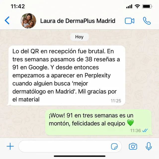 WhatsApp de Laura de DermaPlus Madrid: pasaron de 38 a 91 reseñas en Google en 3 semanas con el QR de recepción y empezaron a aparecer en Perplexity.