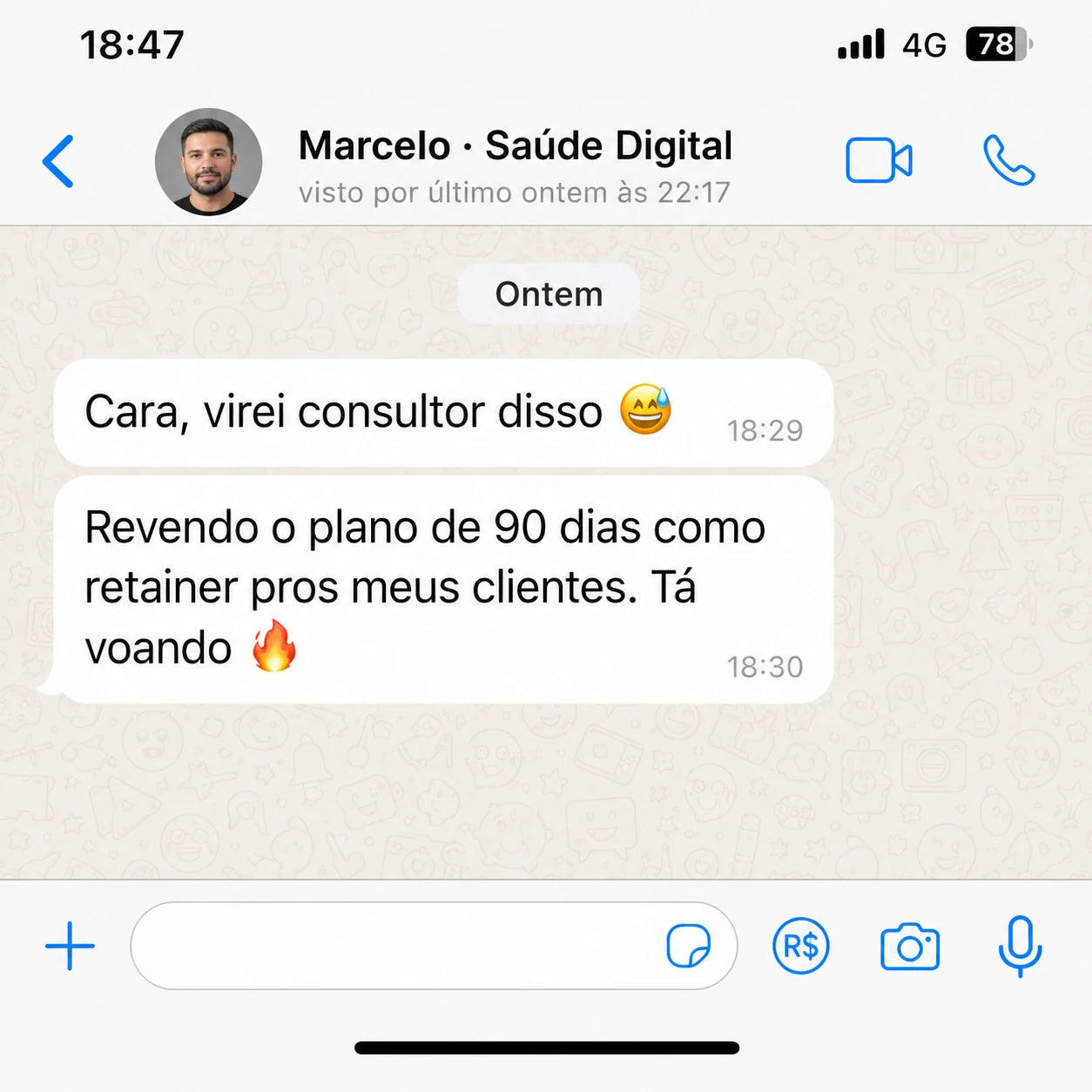 WhatsApp do Marcelo da Saúde Digital Brasil: revende o plano de 90 dias como retainer para os clientes dele.